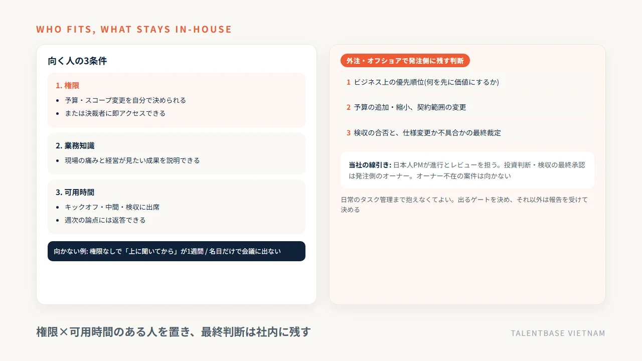 プロジェクトオーナーに向く人の3条件と、外注・オフショアで発注側に残す3つの判断